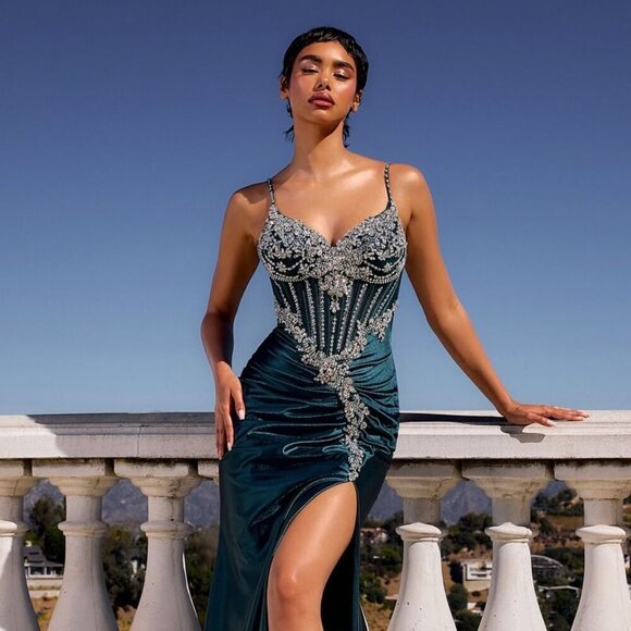 CD Dresses & Skirts - New Formal Soft Satin Gown w/ Crystal Embellishments & Sweetheart Neck CD CM383